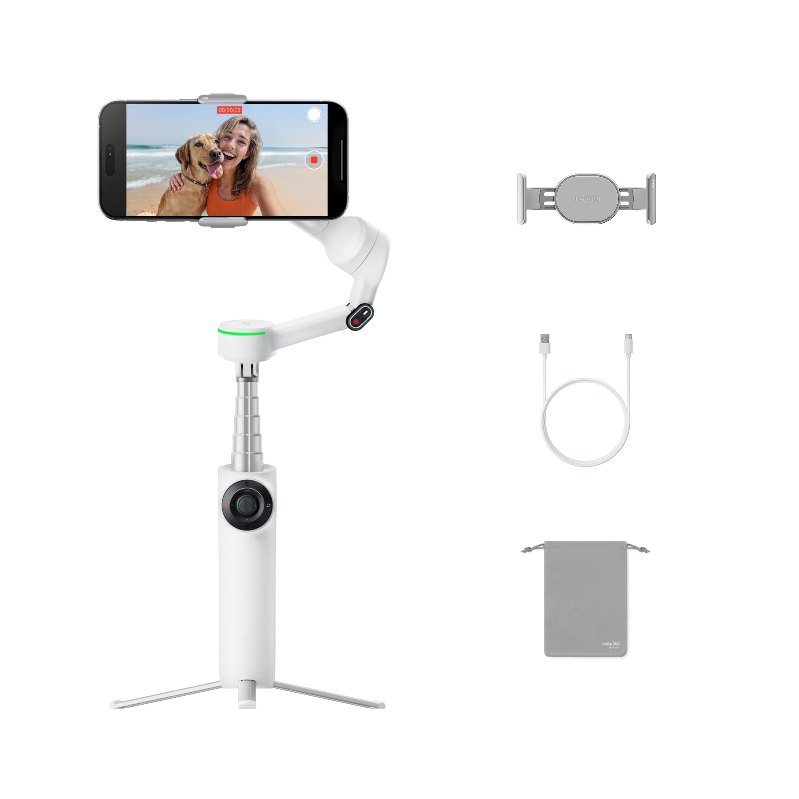 Insta360 Flow 2 Pro Creator Bundle White - Foldable AI Phone Gimbal, Apple DockKit, 360º Pan Tracking, Free Tilt Mode, Built-In Tripod/Selfie Stick, Portable Vlog/Travel Stabilizer, Spotlight, MagSafe