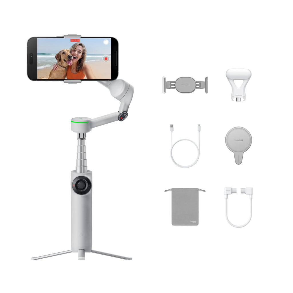 Insta360 Flow 2 Pro Creator Bundle White - Foldable AI Phone Gimbal, Apple DockKit, 360º Pan Tracking, Free Tilt Mode, Built-In Tripod/Selfie Stick, Portable Vlog/Travel Stabilizer, Spotlight, MagSafe
