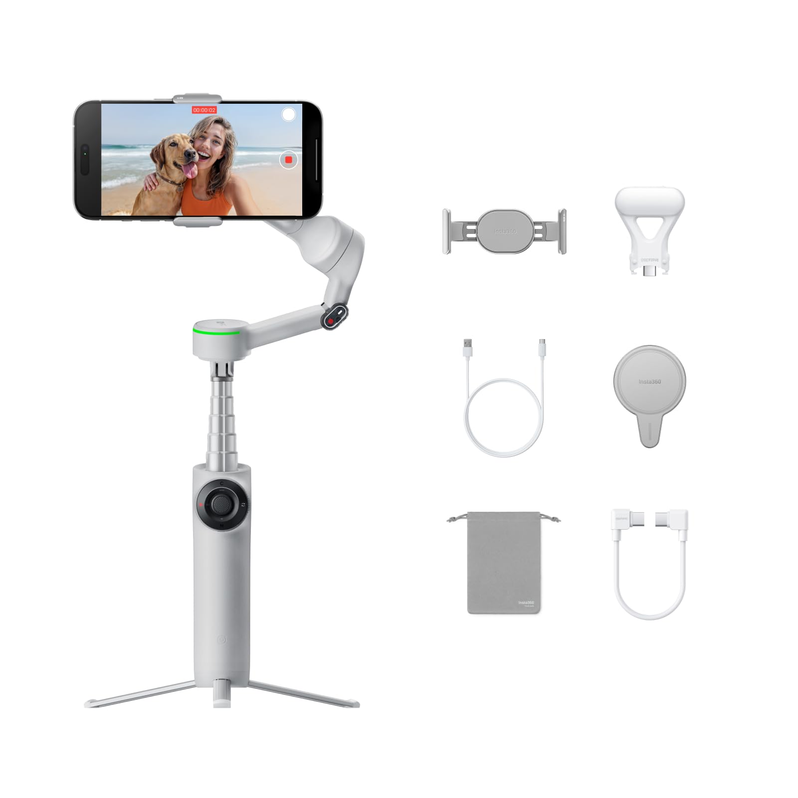 Insta360 Flow 2 Pro Creator Bundle White - Foldable AI Phone Gimbal, Apple DockKit, 360º Pan Tracking, Free Tilt Mode, Built-In Tripod/Selfie Stick, Portable Vlog/Travel Stabilizer, Spotlight, MagSafe