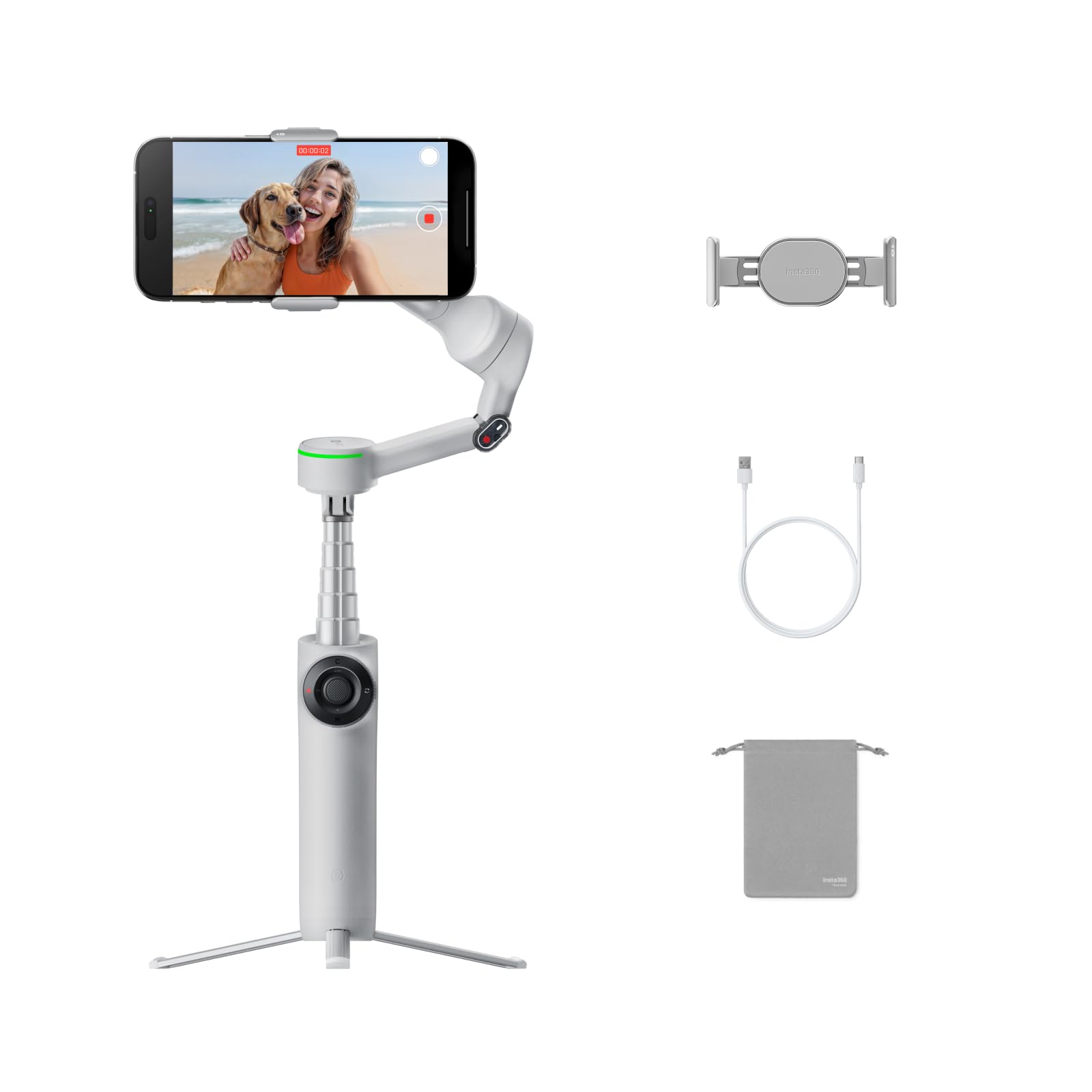 Insta360 Flow 2 Pro Creator Bundle White - Foldable AI Phone Gimbal, Apple DockKit, 360º Pan Tracking, Free Tilt Mode, Built-In Tripod/Selfie Stick, Portable Vlog/Travel Stabilizer, Spotlight, MagSafe