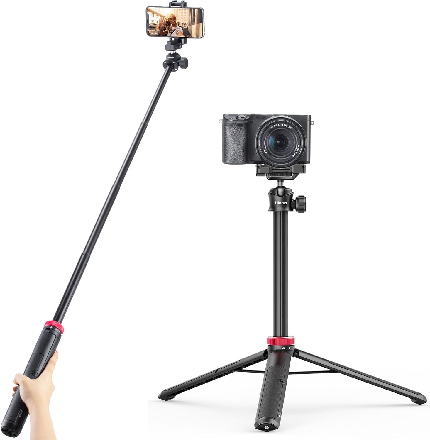 ULANZI MT-44 Extendable Phone Tripod, 59" Selfie Stick Vlog Stand with 2 in 1 Phone Clip, 360° Ball Head Camera Tripod for iPhone Sony Canon DJI Osmo Action Camera, Lightweight for Travel