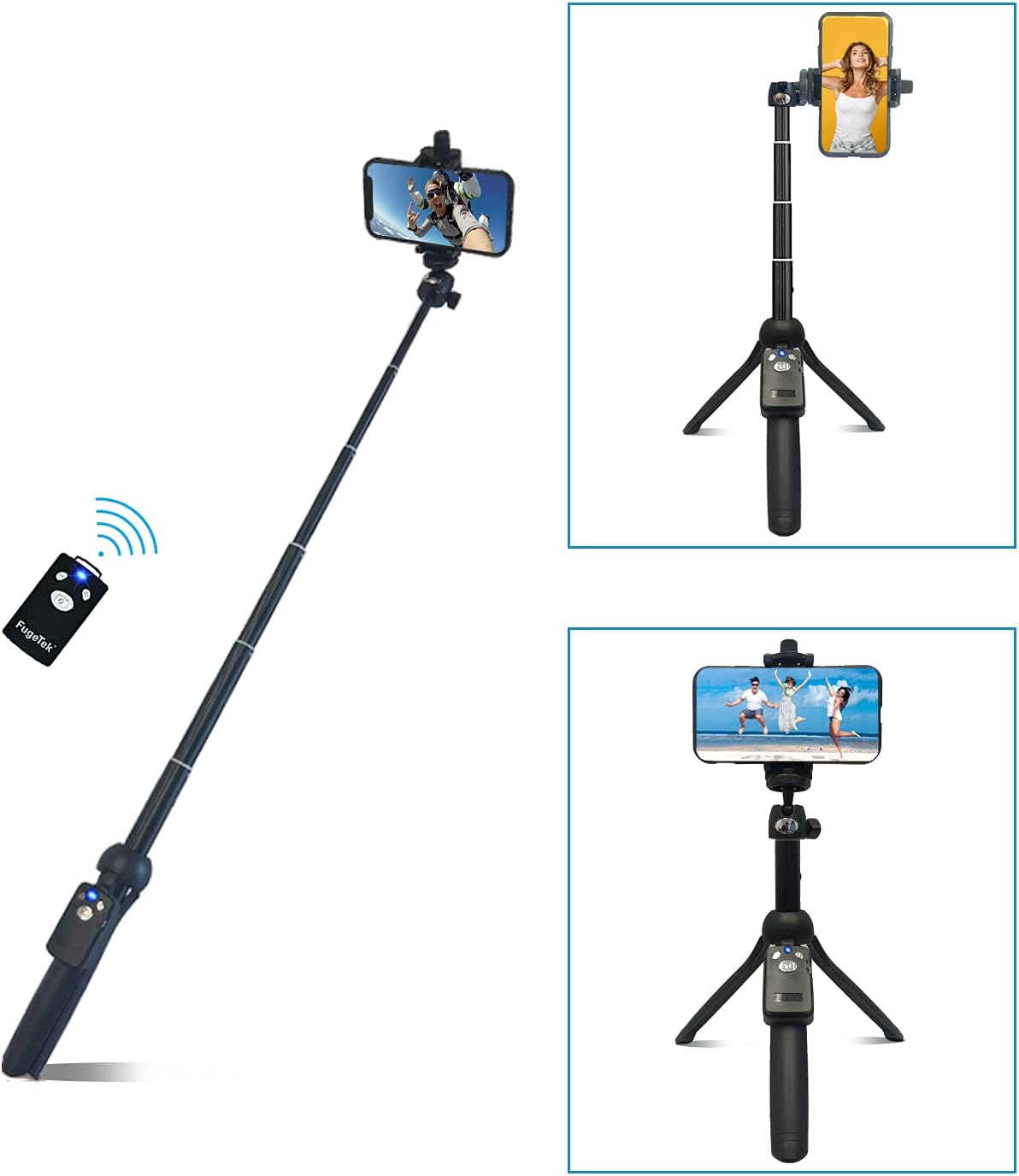 Fugetek 42" Compact Selfie Stick & Tripod, Extendable, Wireless Bluetooth Remote, Lightweight Aluminum, Travel Ready, Compatible with iPhone 14 13 12 Pro Xs Max Xr X 8Plus 7 & Android