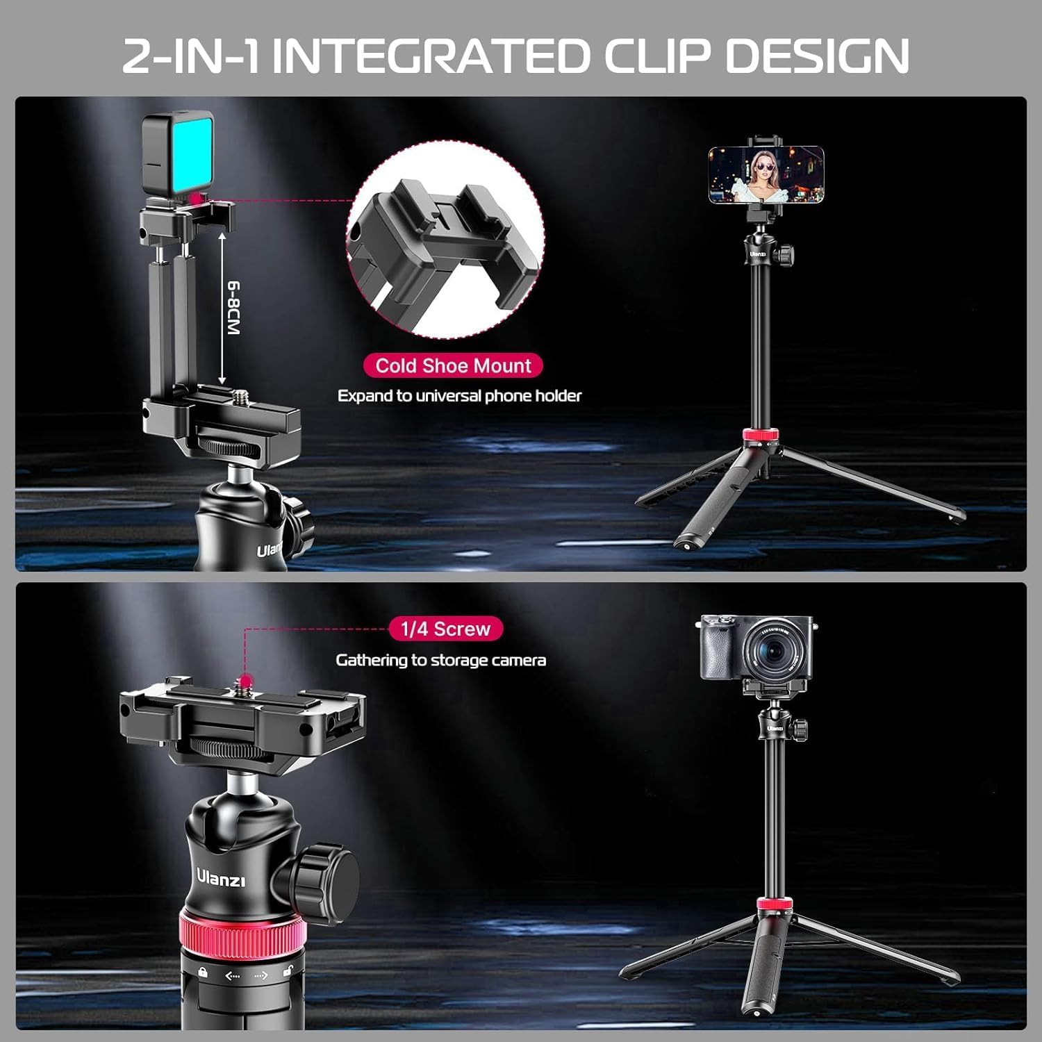 ULANZI MT-44 Extendable Phone Tripod, 59" Selfie Stick Vlog Stand with 2 in 1 Phone Clip, 360° Ball Head Camera Tripod for iPhone Sony Canon DJI Osmo Action Camera, Lightweight for Travel