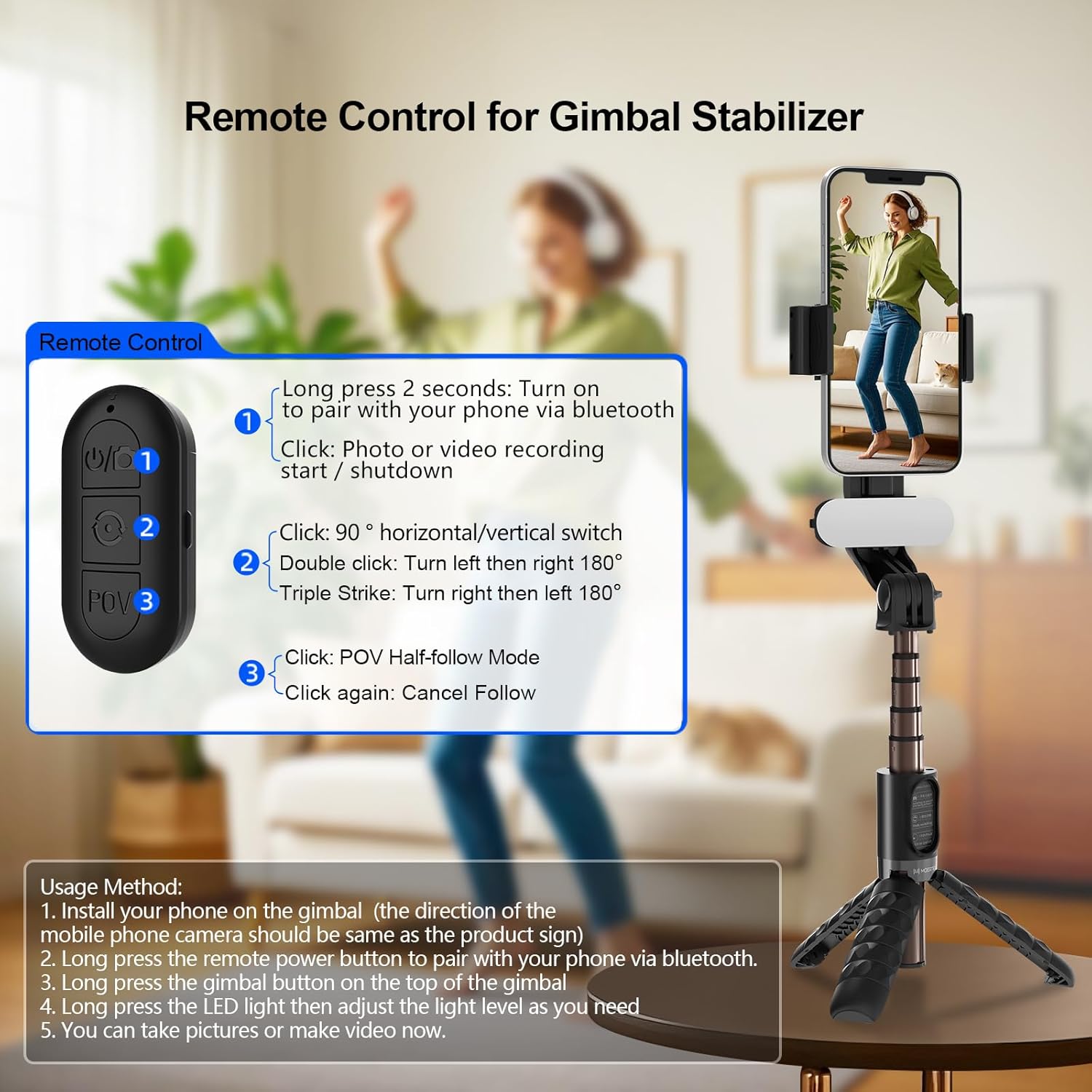 Gimbal Stabilizer for iPhone, POV Half-Following Mode, Phone Gimbal with Detachable Fill Light, 360° Auto Rotation, Extendable Rod, Portable Stabilizer for iPhone, Perfect for for vlogging, Gaming