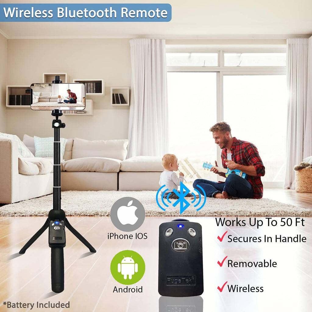 Fugetek 42" Compact Selfie Stick & Tripod, Extendable, Wireless Bluetooth Remote, Lightweight Aluminum, Travel Ready, Compatible with iPhone 14 13 12 Pro Xs Max Xr X 8Plus 7 & Android