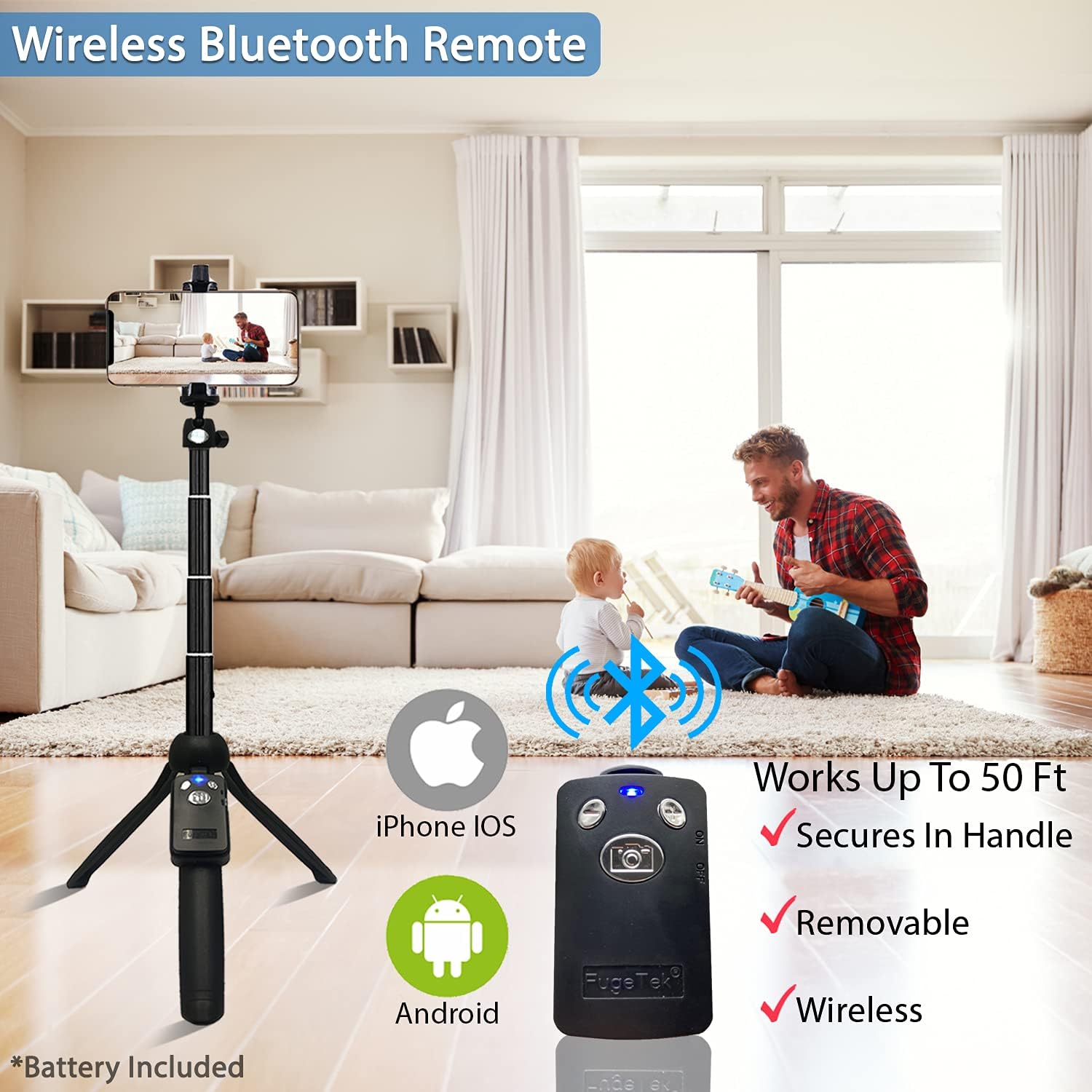 Fugetek 42" Compact Selfie Stick & Tripod, Extendable, Wireless Bluetooth Remote, Lightweight Aluminum, Travel Ready, Compatible with iPhone 14 13 12 Pro Xs Max Xr X 8Plus 7 & Android