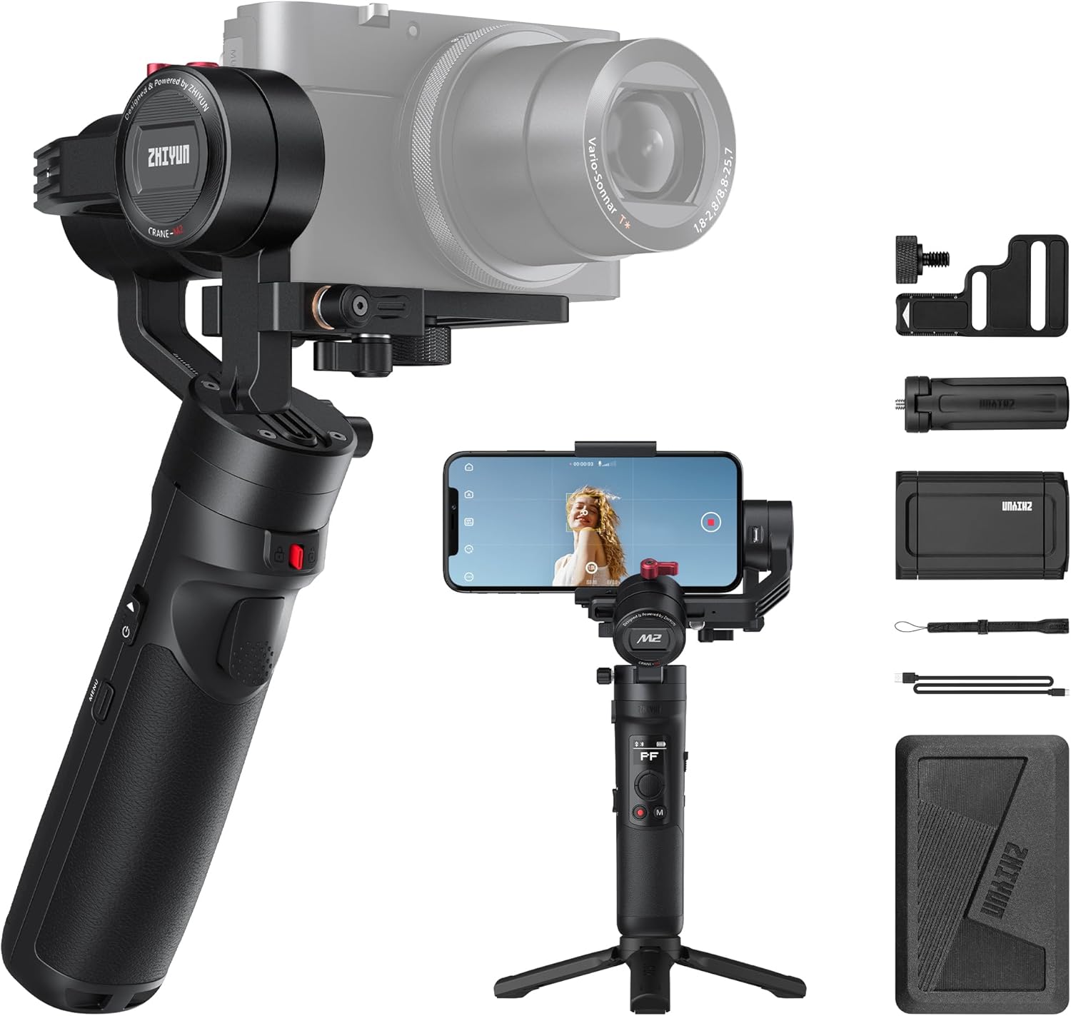 ZHIYUN Crane-M2 [Official] Gimbal Stabilizer for Camera，3-in-1 Light Weight Gimbal for Smartphone, Sports Action Camera, GoPro and Mirrorless Camera, with Smartphone Clamp, Tripod